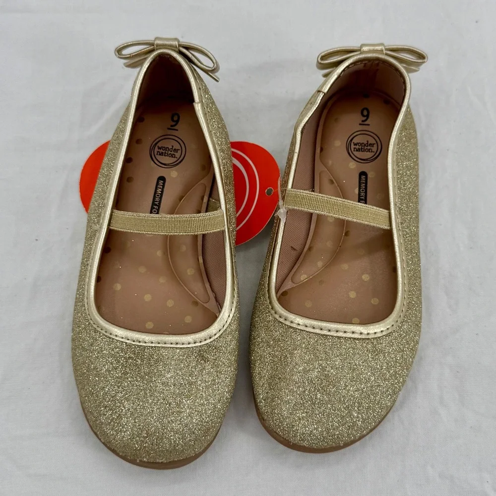 Toddler Gold Glitter Mary Jane Flats Size 9 Memory Foam Bow Heel Coquette Girls